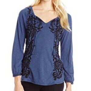 Lucky Brand Navy Blue Black Embroidered Blouse Size X-small